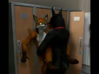 Furry zoophilia black dog banging a fox in the locker room